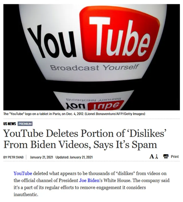 Youtube deletes portion of "dislikes" from Biden videos, says it's spam